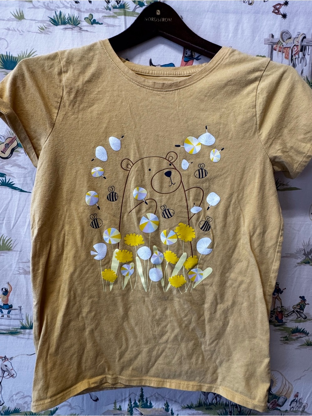 Cat & Jack Mustard Yellow Bear Floral Graphic Tee - size XL 14-16
